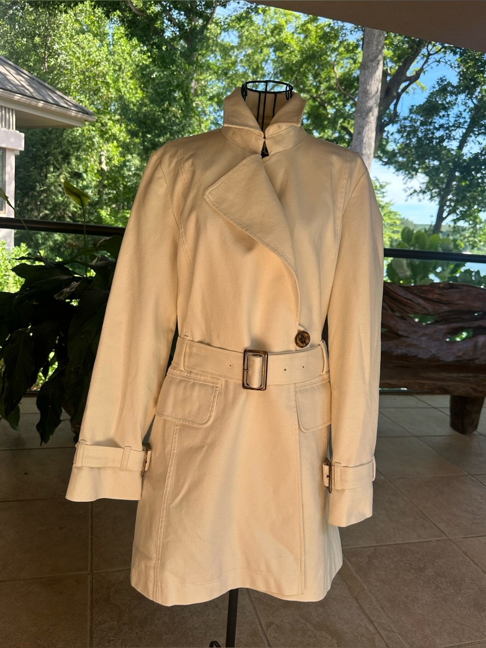 Talbots Cream Belted Funnel-Neck Trench Coat